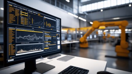 Poster - Industrial Automation:  A close-up view of a computer screen displaying data charts and graphs, with an industrial robot arm in the background.  The image evokes a sense of progress, efficiency.