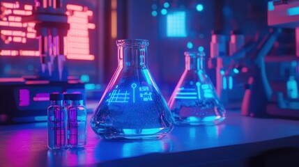 Two beakers filled with liquid sit on a lab table, illuminated by colorful neon lights.