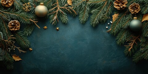 Poster - Christmas backdrop featuring a fir tree and ornaments. Top view with copyspace.