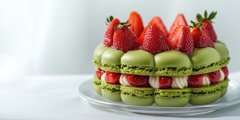 Aufkleber - A green macaron cake adorned with strawberry slices placed on a clear saucer set against a white background. Empty.