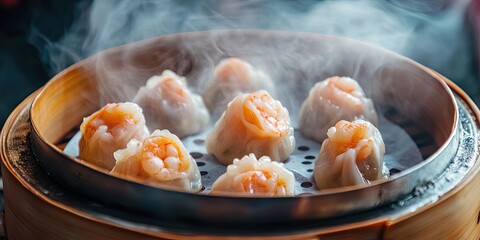 Poster - Chinese cuisine, shrimp Shumai dumplings in a steamer.