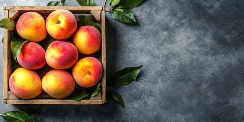 Aufkleber - Fresh sweet peaches in a wooden crate on a light table, top view. Room for text.