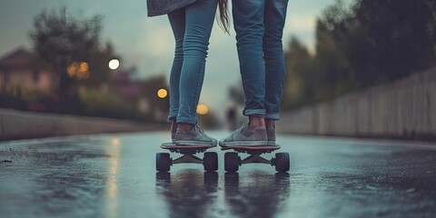 Couple longboarding together, romantic, feet only