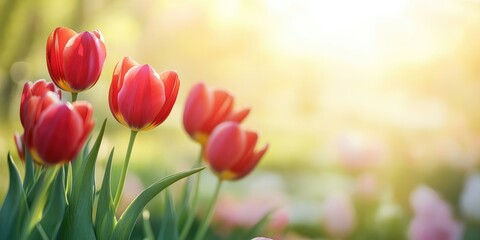 Poster - Spring sunny meadow featuring red tulip flowers, a natural floral seasonal Easter backdrop with copy space.