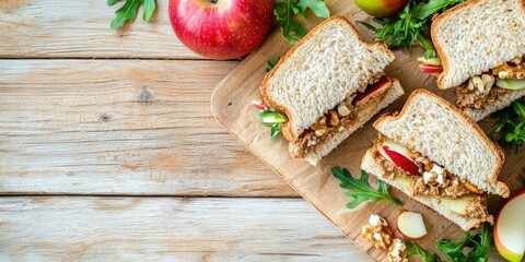 Poster - Board of delicious sandwiches with nut butter and apples on a light wooden surface, closeup.
