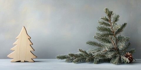 Aufkleber - Spruce branch alongside a wooden Christmas tree on a grey background, copy space