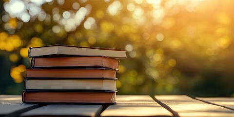 Aufkleber - A pile of books on a wooden table with a blurred background.