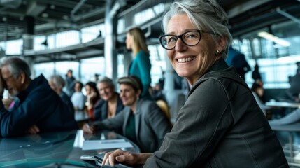 A happy middle-aged professional executive is talking to a recruiter at an interview meeting.  A smiling,  mature female financial adviser and professional bank manager are consulting clients in the c