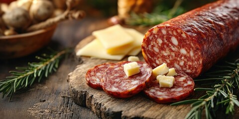 Poster - Sausage sliced on a wooden board with cheese pieces embedded inside, selective focus and copyspace.