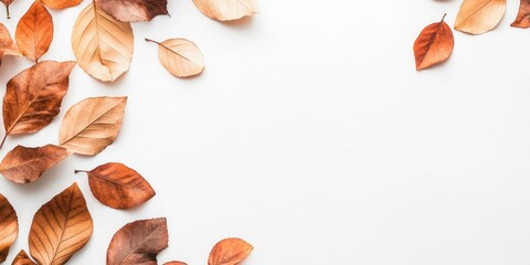 Poster - Beautiful arrangement of autumn leaves on a white background, flat lay. Area for text.