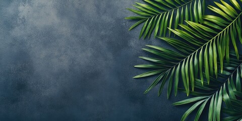 Leinwandbilder - A top view of a tropical palm leaves branch set against a dark gray background with copy space.