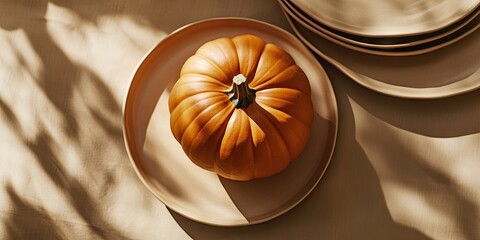 Poster - a complete pumpkin set against a backdrop of beige plates and a beige background featuring shadows