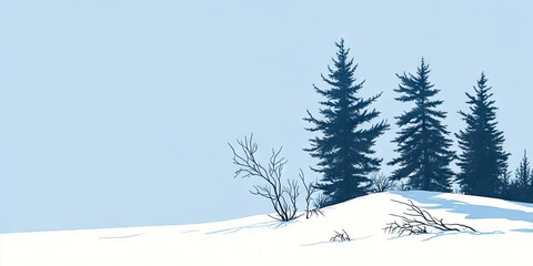 Leinwandbilder - A cluster of pine trees and a few branches on a white snow and blue backdrop.
