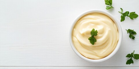 Aufkleber - Fresh mayonnaise sauce in a bowl on a white wooden table, with room for text.
