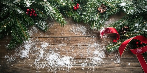 Poster - Christmas fir tree on a wooden surface/Christmas green arrangement with ribbon and snow/Christmas holiday backdrop