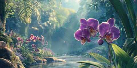 Poster - Beautiful purple orchid blooming in the garden with a natural backdrop.
