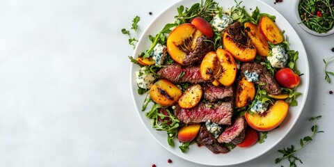 Poster - Tasty salad featuring beef tongue, grilled vegetables, peach, and blue cheese on a white table, top view. Copyspace available.