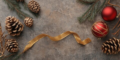 Aufkleber - golden Christmas celebration decorations featuring a golden ribbon, red bauble, pine cone, and branch in a flat lay top view