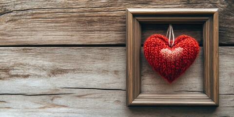 Wall Mural - Photo frame and handmade Valentine's Day heart toy on a wooden surface.