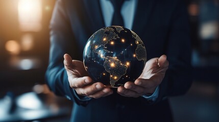 Poster - Businessman Holding Globe with Digital Connections