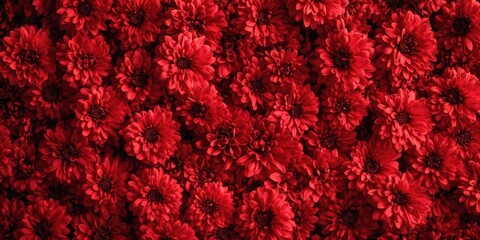 Poster - Close-up view from above of red chrysanthemums. A consistent carpet of red flowers for autumn. The natural arrangement of the postcard. A vibrant designer floral backdrop.