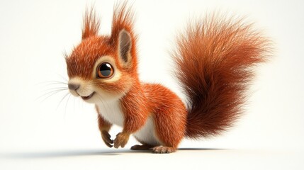 A cute cartoon squirrel with big eyes and a fluffy tail stands on a white background.