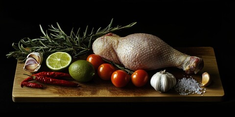 Aufkleber - Chicken leg on a wooden cutting board, alongside fresh rosemary, cherry tomatoes, chili peppers, garlic, lime, and sea salt, against a black background.