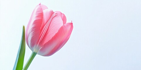 Sticker - A close-up of a pink tulip flower set against a white background with a blue area for your text.