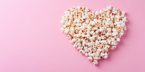Poster - Popcorn heart on a pink background. Valentine's Day gift cinema theme. Top view flat lay with copyspace. Area for an idea, quote, or film title.