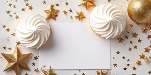 Poster - Mockup featuring two meringue cookies, gold stars, and a blank page. Holiday theme. Copyspace available.