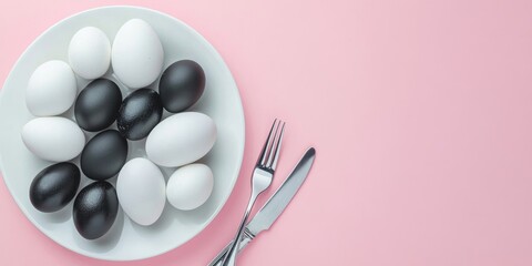 Poster - Easter dinner setting featuring a plate of black and white eggs, along with a knife and fork on a pastel pink backdrop. top view. copy space. flat lay. area for text.
