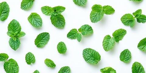 Poster - Fresh green mint leaves on a white background, a mint leaves pattern from a top view with copy space.