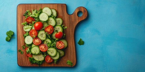 Poster - Cucumber and tomato salad on a wooden cutting board with a bright blue background. Artistic arrangement. Top view. copy space.