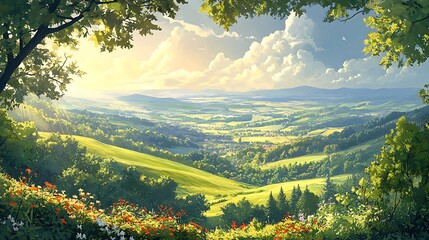 Poster - A serene landscape featuring rolling hills, lush greenery, and a vibrant sky, illuminated by soft sunlight filtering through trees.