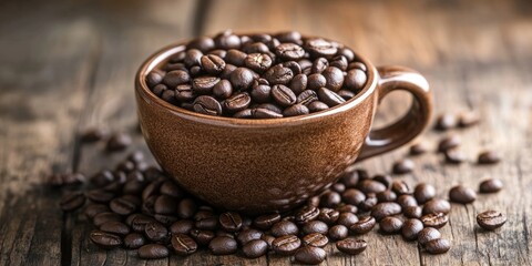 Poster - Coffee cup filled with coffee beans resting on a wooden table