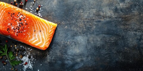 Poster - raw salmon fish red steak fillet seafood portion copy space for text pescatarian diet background rustic