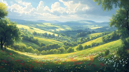 Aufkleber - A serene landscape featuring rolling hills, lush greenery, and a bright sky dotted with fluffy clouds, evoking a peaceful, tranquil atmosphere.