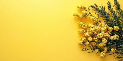 Poster - Creative greeting card for Mother's Day, Spring, or Easter holiday. Mimosa branch on a white-yellow background with copyspace, flat lay.