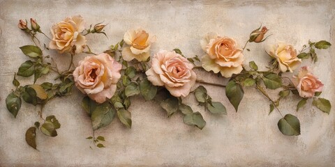 Aufkleber - textured aged paper backdrop featuring soft pink and yellow roses