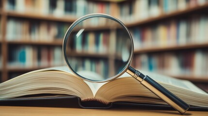 Poster - Magnifying glass over open book, library background, knowledge exploration