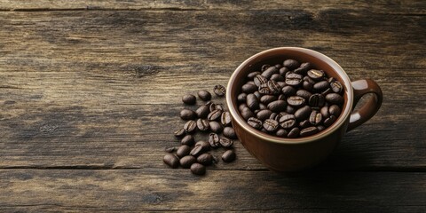 Wall Mural - Coffee cup filled with coffee beans resting on a wooden table