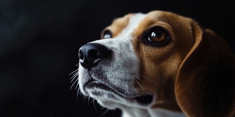 Poster - Beautiful portrait of a Beagle dog on a dark background with copy space, close-up. The Beagle is a small hound dog breed. Pet training. World Animal Day.