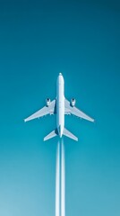 Poster - White airplane flies high in the blue sky, leaving a trail of white smoke. It glides effortlessly, symbolizing travel and freedom
