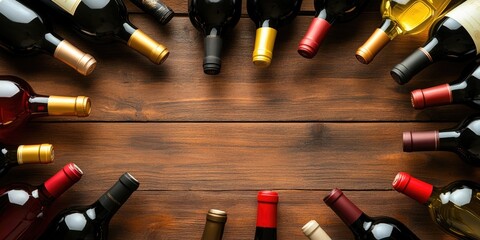 Aufkleber - Different wine bottles on a wooden table. Red and white wines. Top view flat lay with copyspace for your text.