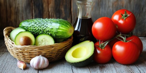 Poster - Tomatoes, cucumbers, and avocado on the table and in a basket, along with olive oil, balsamic vinegar, garlic, vegetables, vegetarianism, and healthy eating.