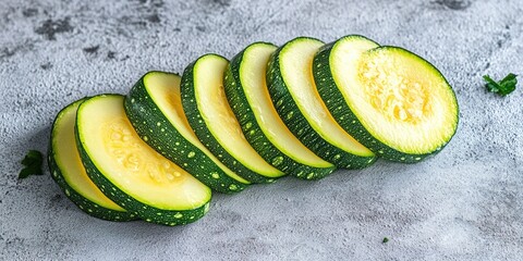 Poster - Fresh slices of zucchini squash on a grey background.