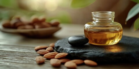 Poster - jar of almond oil, black stone on the table for a spa, selective focus, copyspace