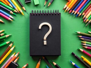 Aerial View of a Black Notepad with a White Question Mark Surrounded by School Items, Symbolizing Confusion and Decision Making Against a Blurred Green Background