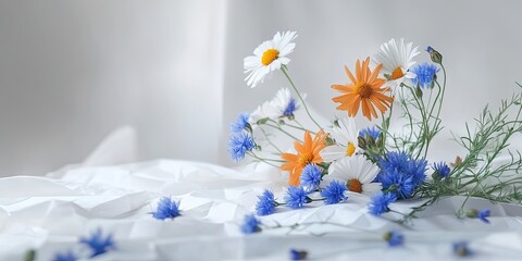Aufkleber - A bouquet of daisies and cornflowers on a white table made of recycled paper.