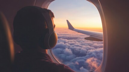 Poster - Gazing out the airplane window, a passenger enjoys a peaceful sunset sky while listening to music, feeling free and adventurous
